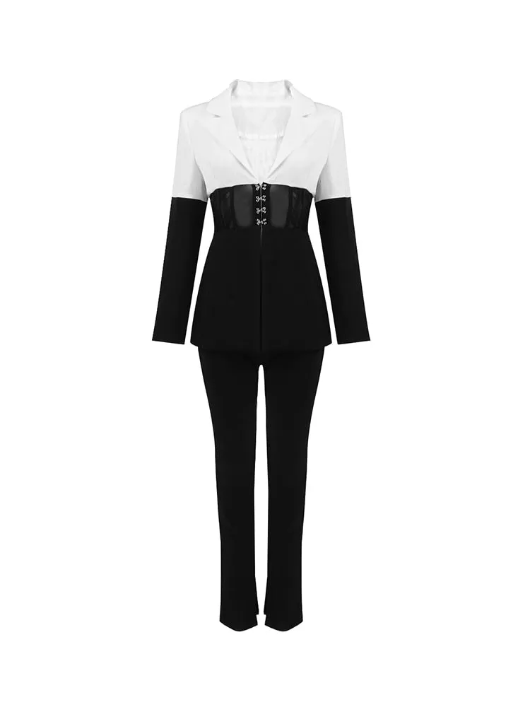 Women's Runway Stye Color Block Blazer Pants Two Piece Suit Set