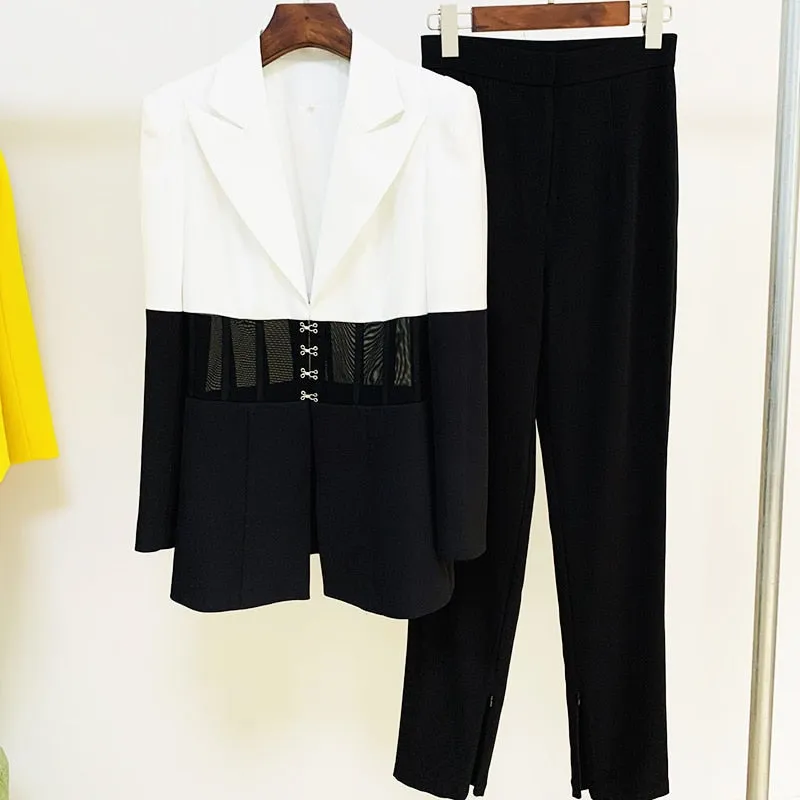 Women's Runway Stye Color Block Blazer Pants Two Piece Suit Set