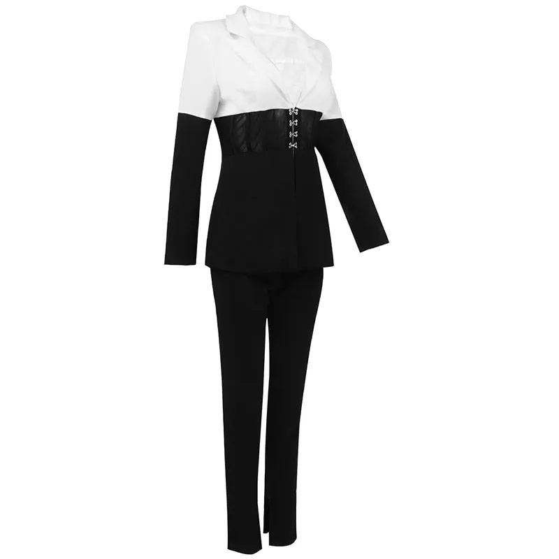 Women's Runway Stye Color Block Blazer Pants Two Piece Suit Set