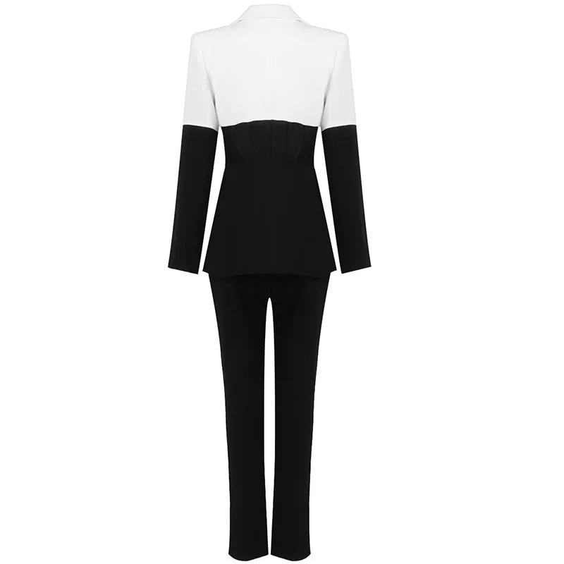 Women's Runway Stye Color Block Blazer Pants Two Piece Suit Set