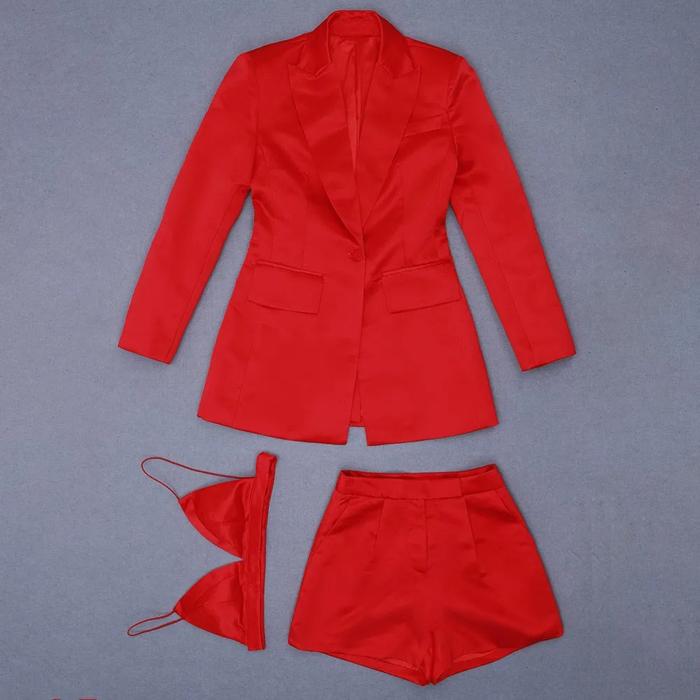 Women's Single Button Blazer High Waist Mini Skirt Three Piece Suit