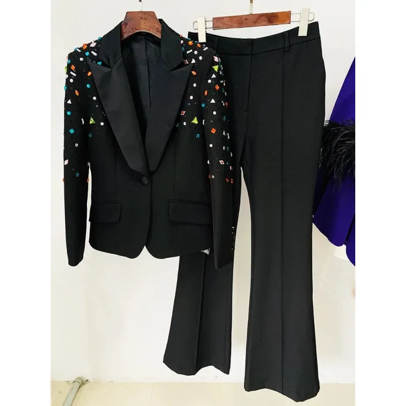 Women's Slim Fit Diamond Beaded Blazer Pants Two Piece Suit Set