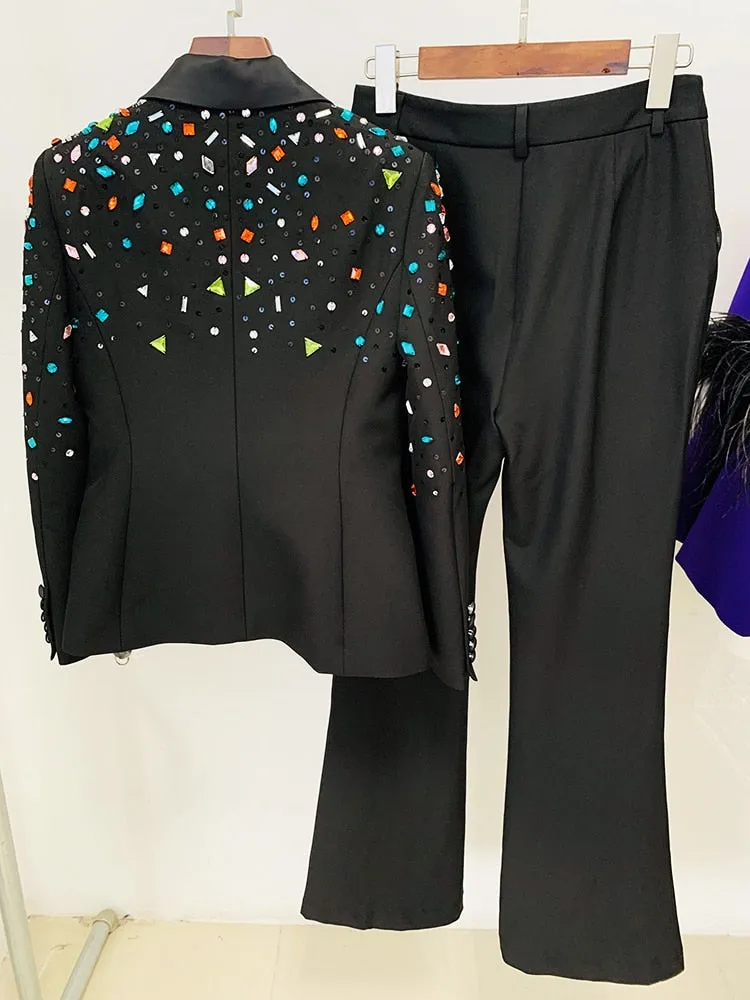 Women's Slim Fit Diamond Beaded Blazer Pants Two Piece Suit Set