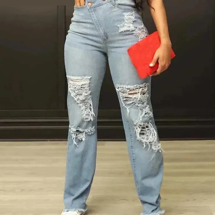 Women's Vintage High Waist Ripped Straight Leg Streetwear Jeans