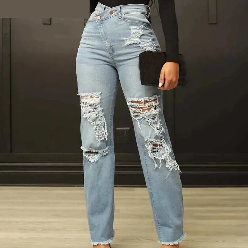 Women's Vintage High Waist Ripped Straight Leg Streetwear Jeans