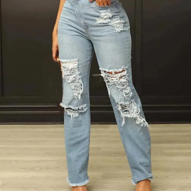 Women's Vintage High Waist Ripped Straight Leg Streetwear Jeans