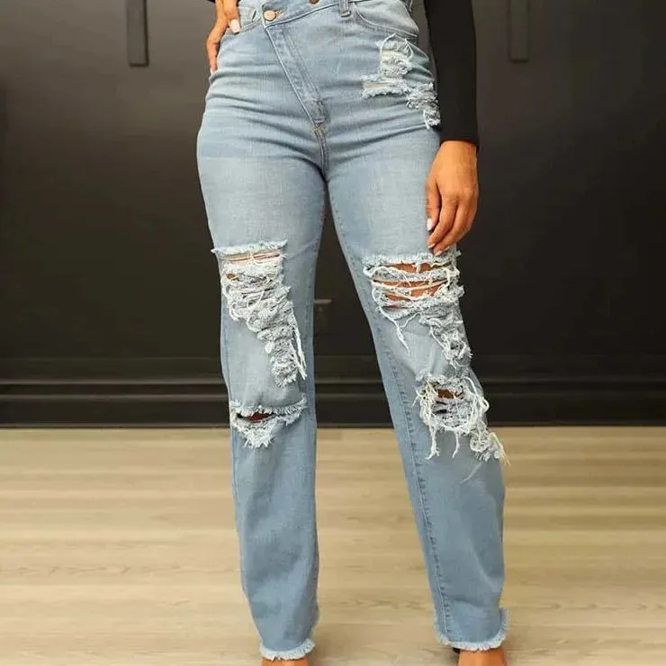 Women's Vintage High Waist Ripped Straight Leg Streetwear Jeans