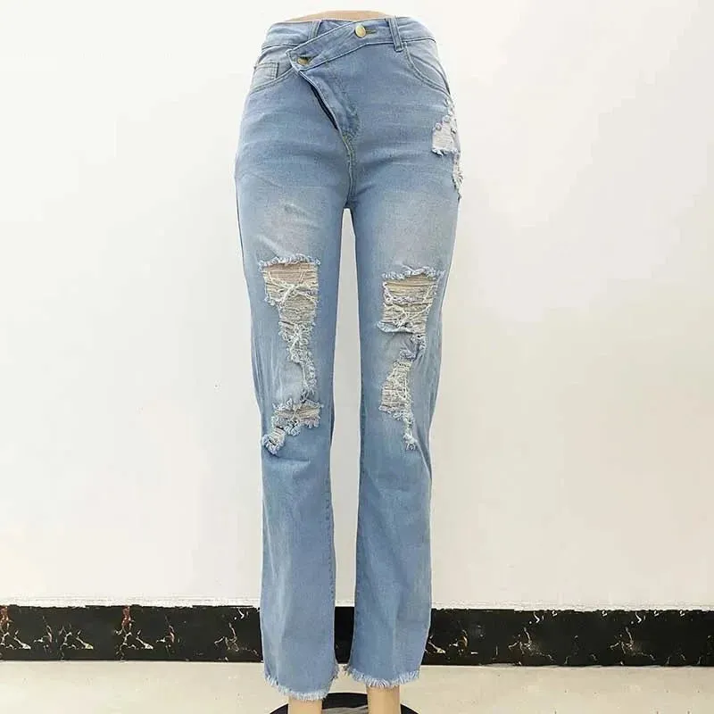 Women's Vintage High Waist Ripped Straight Leg Streetwear Jeans