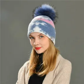 Women's Winter Cashmere Fur Knitted Colorful Tie Dye Beanie Hat