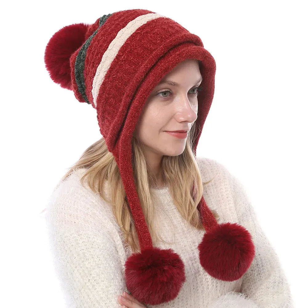 Women's Winter Knitted Striped Earflap Beanie Hat with Pompom Ball