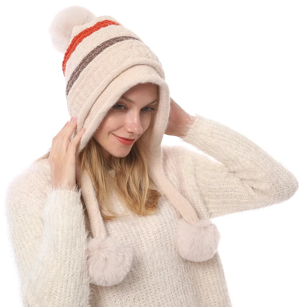 Women's Winter Knitted Striped Earflap Beanie Hat with Pompom Ball