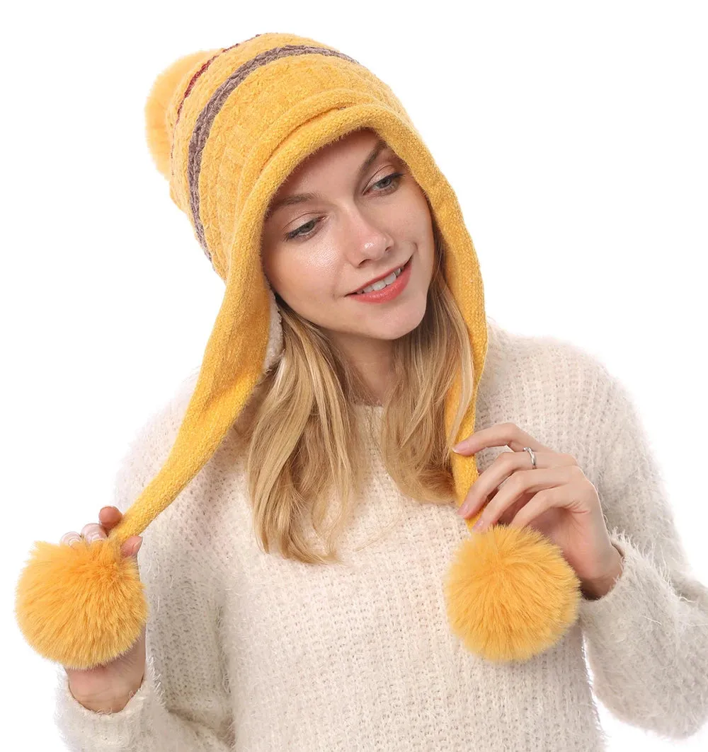 Women's Winter Knitted Striped Earflap Beanie Hat with Pompom Ball