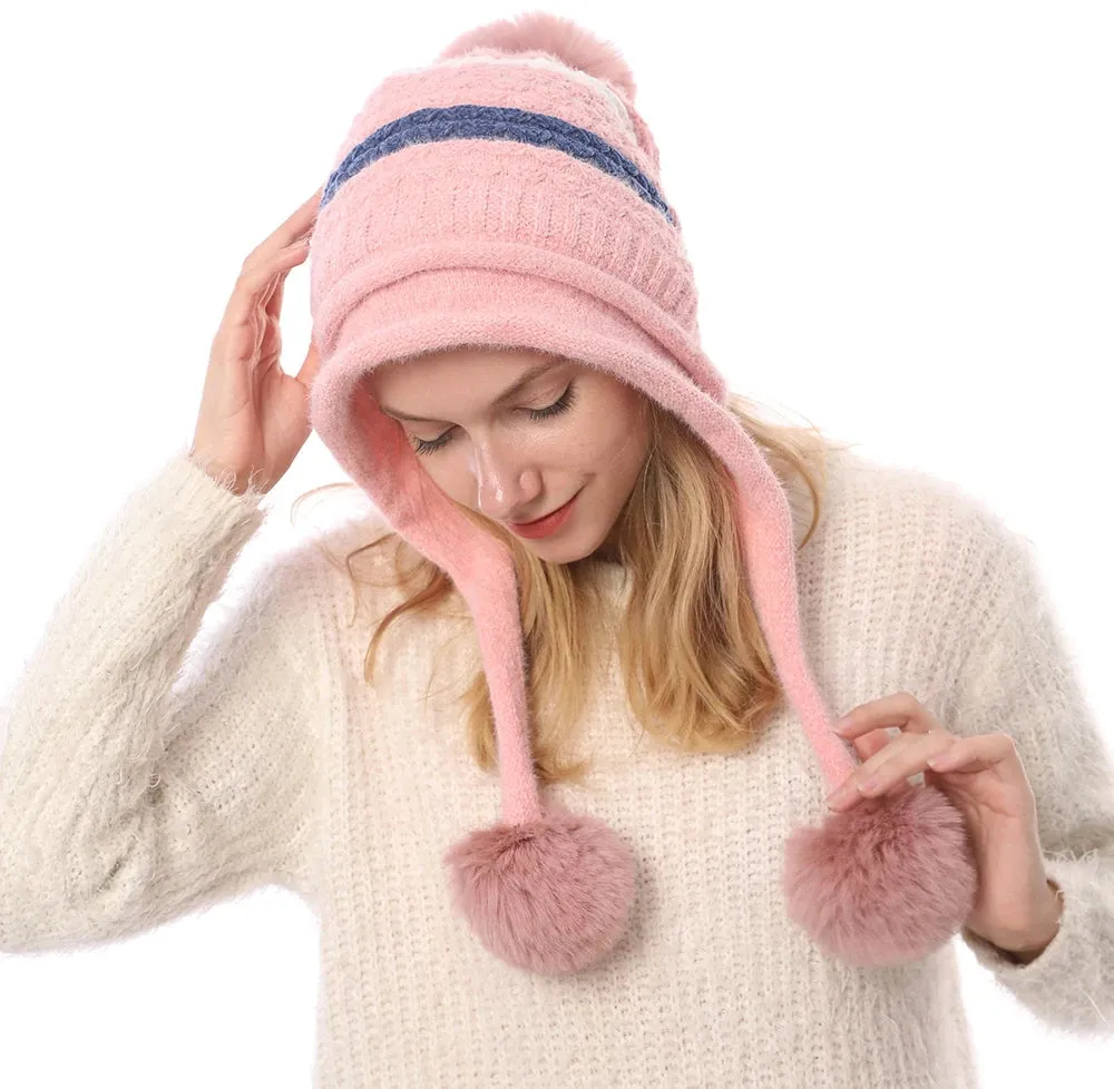 Women's Winter Knitted Striped Earflap Beanie Hat with Pompom Ball