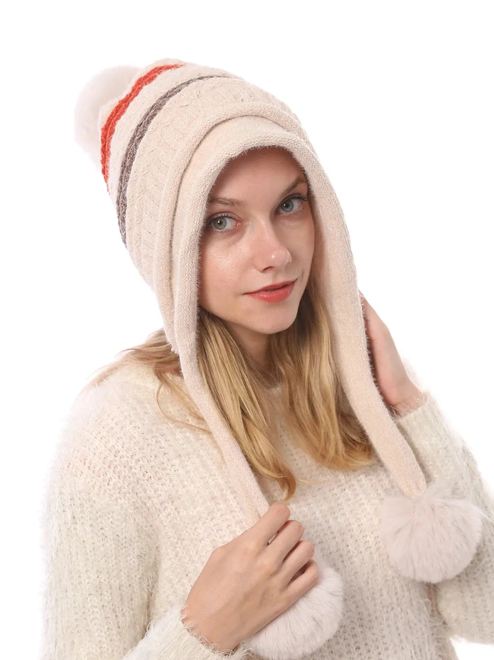 Women's Winter Knitted Striped Earflap Beanie Hat with Pompom Ball