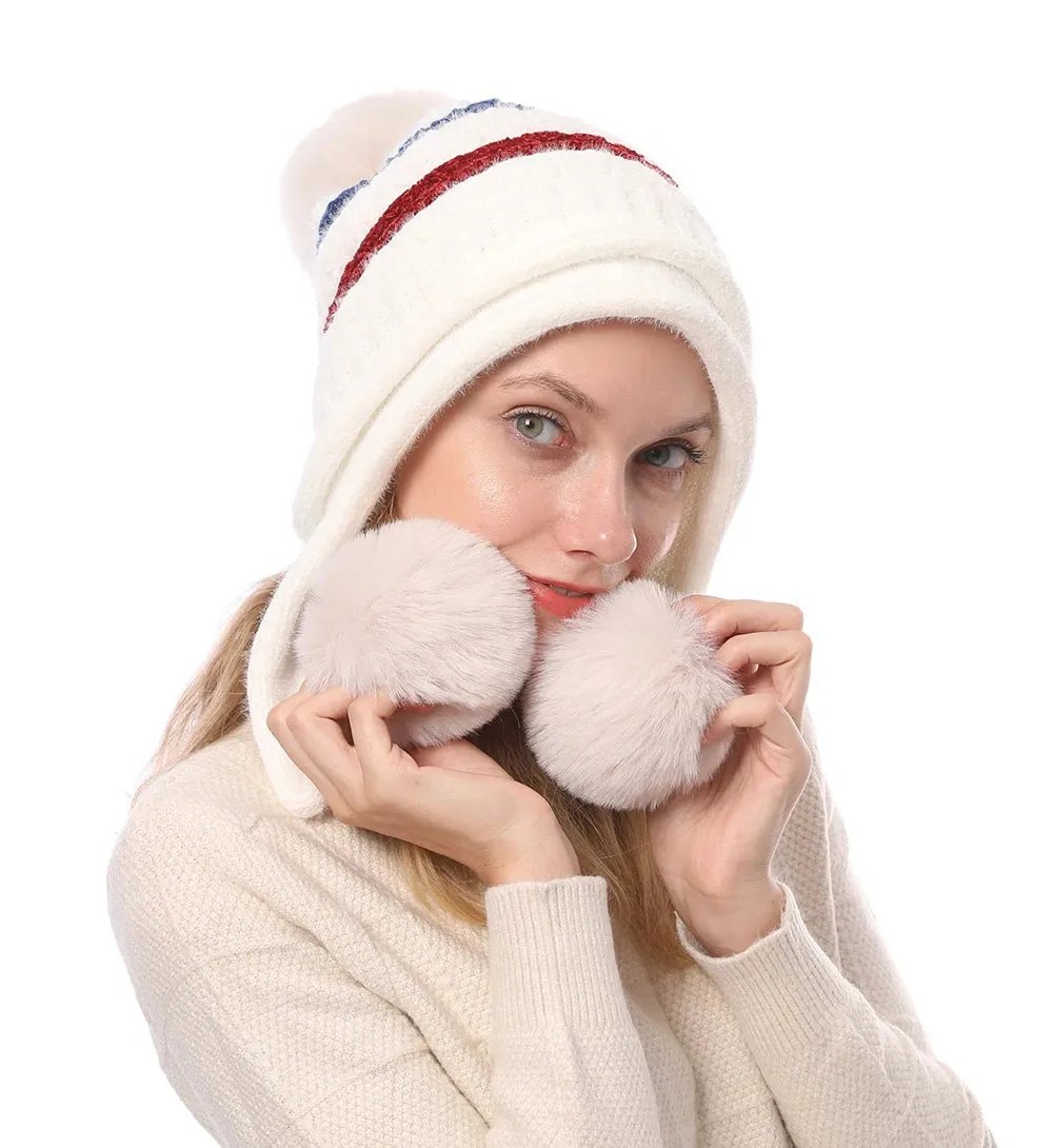 Women's Winter Knitted Striped Earflap Beanie Hat with Pompom Ball