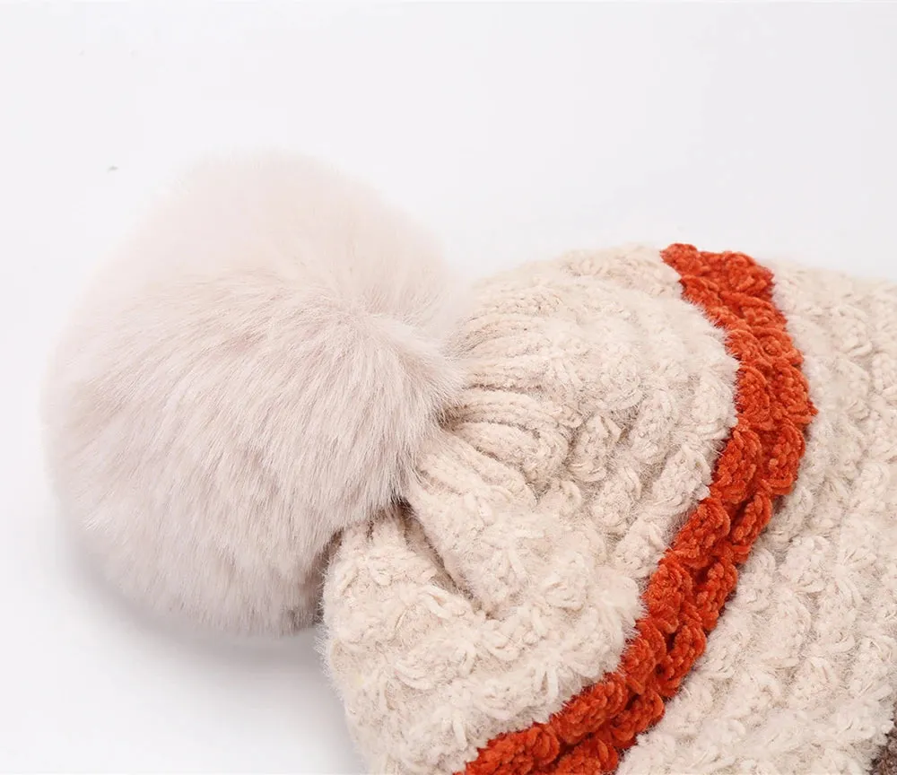 Women's Winter Knitted Striped Earflap Beanie Hat with Pompom Ball