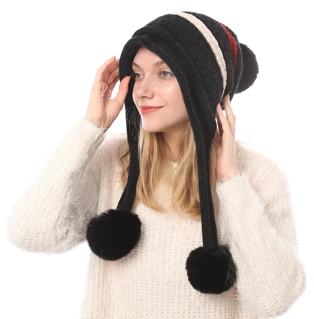 Women's Winter Knitted Striped Earflap Beanie Hat with Pompom Ball