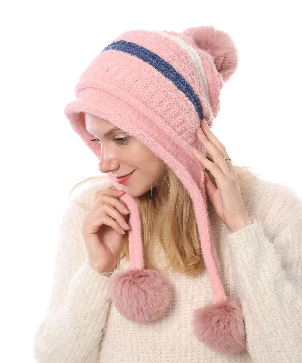 Women's Winter Knitted Striped Earflap Beanie Hat with Pompom Ball