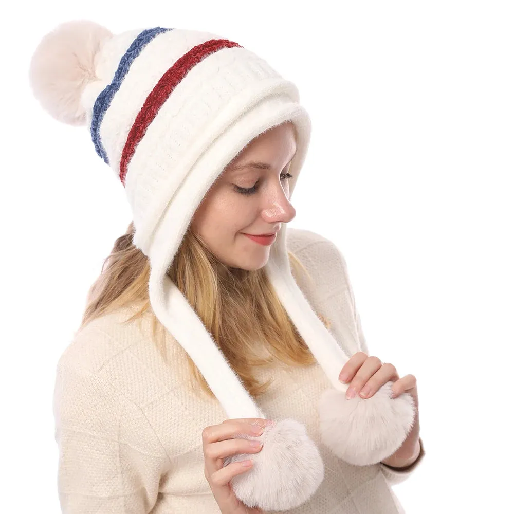 Women's Winter Knitted Striped Earflap Beanie Hat with Pompom Ball