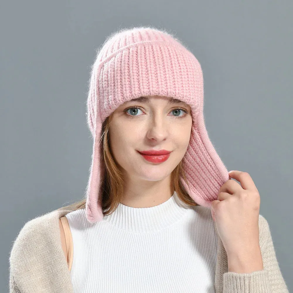 Women's Winter Solid Color Thick Cashmere Beanie Hat with Earflaps