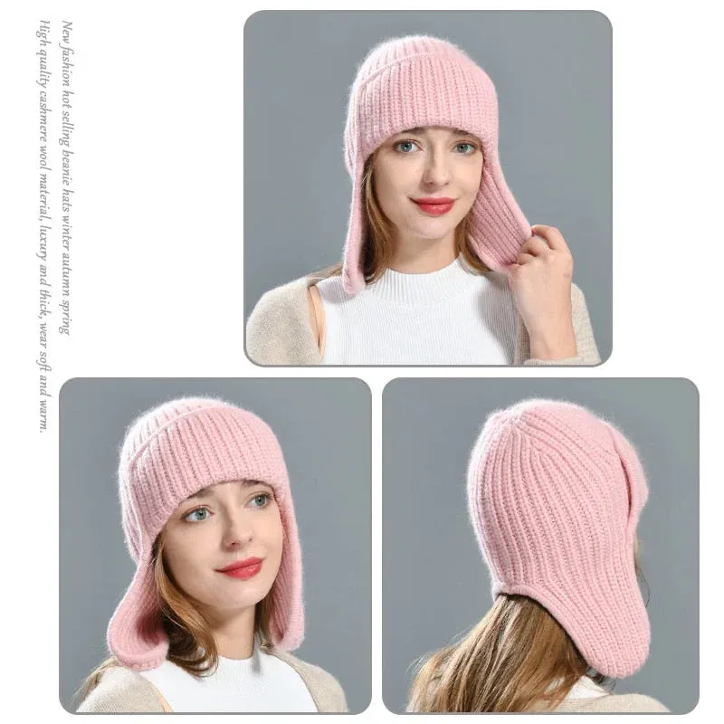 Women's Winter Solid Color Thick Cashmere Beanie Hat with Earflaps