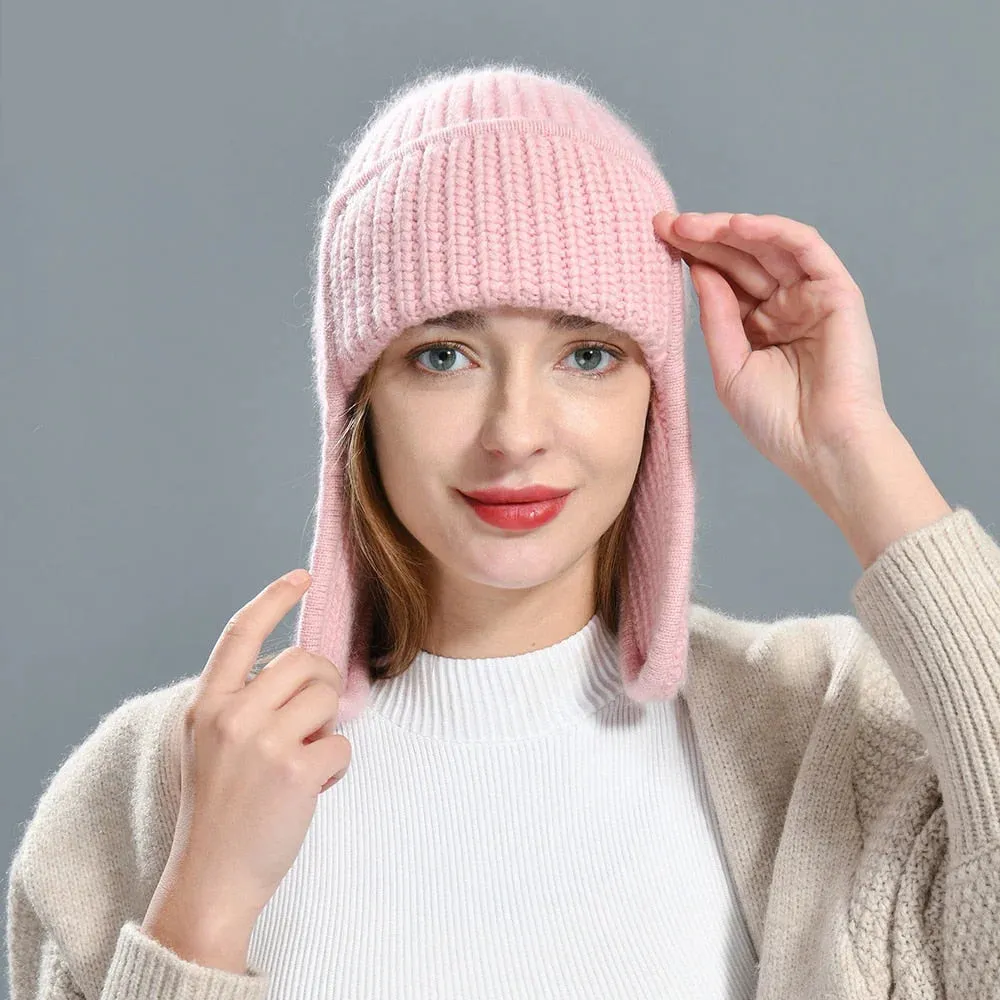 Women's Winter Solid Color Thick Cashmere Beanie Hat with Earflaps