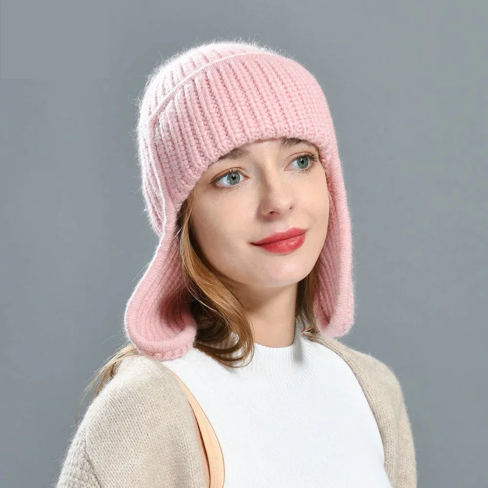 Women's Winter Solid Color Thick Cashmere Beanie Hat with Earflaps