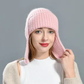 Women's Winter Solid Color Thick Cashmere Beanie Hat with Earflaps