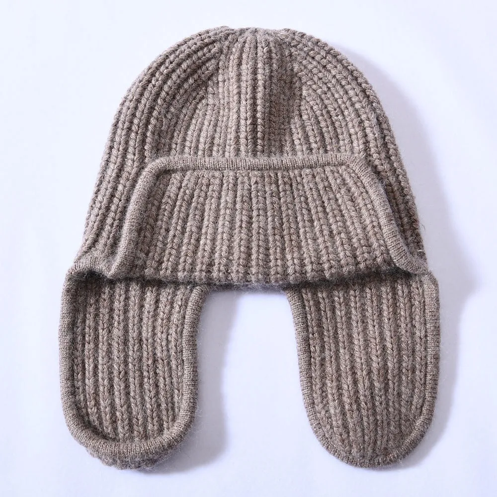 Women's Winter Solid Color Thick Cashmere Beanie Hat with Earflaps