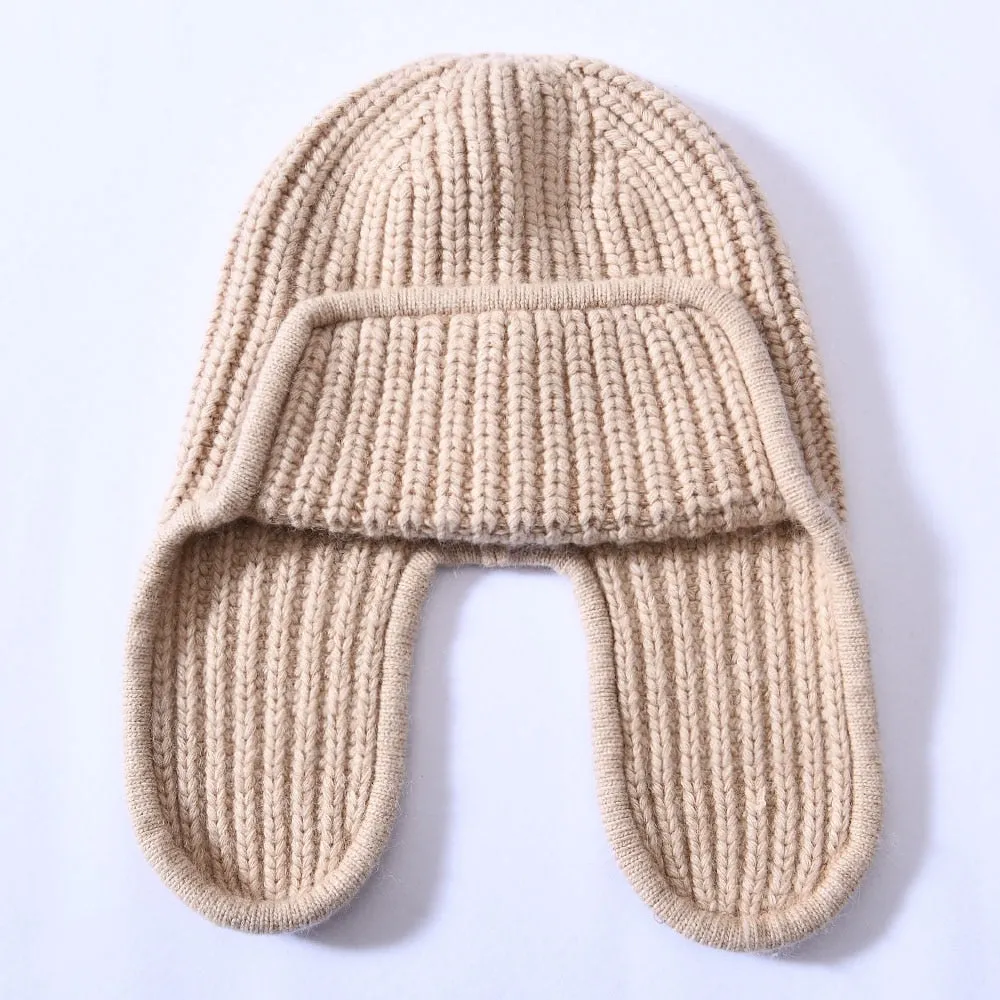 Women's Winter Solid Color Thick Cashmere Beanie Hat with Earflaps