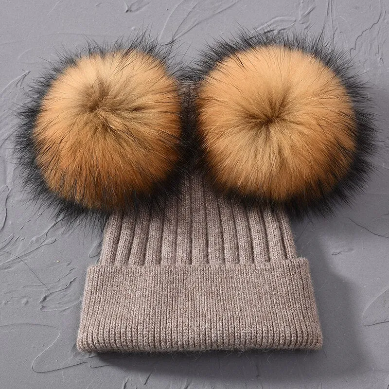 Women's Winter Wool Double Removable Raccoon Fur Ball Pom Knitted Beanie