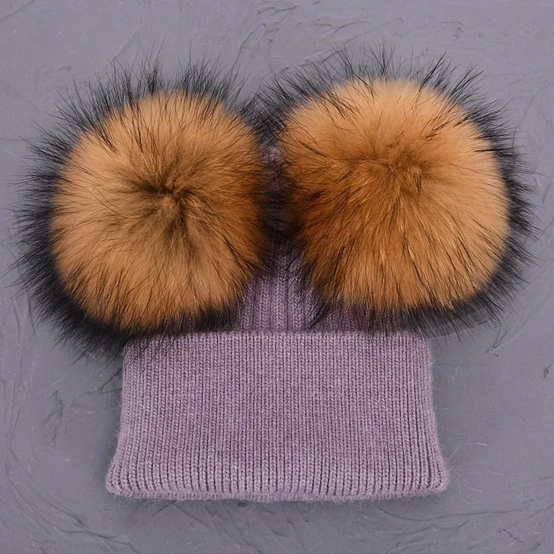 Women's Winter Wool Double Removable Raccoon Fur Ball Pom Knitted Beanie