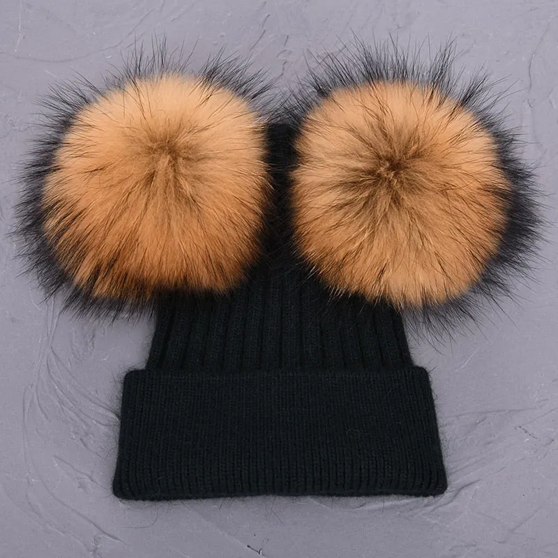 Women's Winter Wool Double Removable Raccoon Fur Ball Pom Knitted Beanie