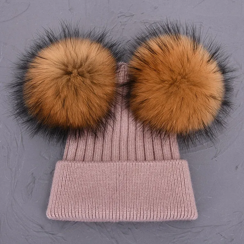 Women's Winter Wool Double Removable Raccoon Fur Ball Pom Knitted Beanie