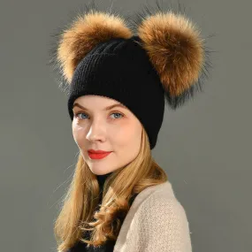 Women's Winter Wool Double Removable Raccoon Fur Ball Pom Knitted Beanie