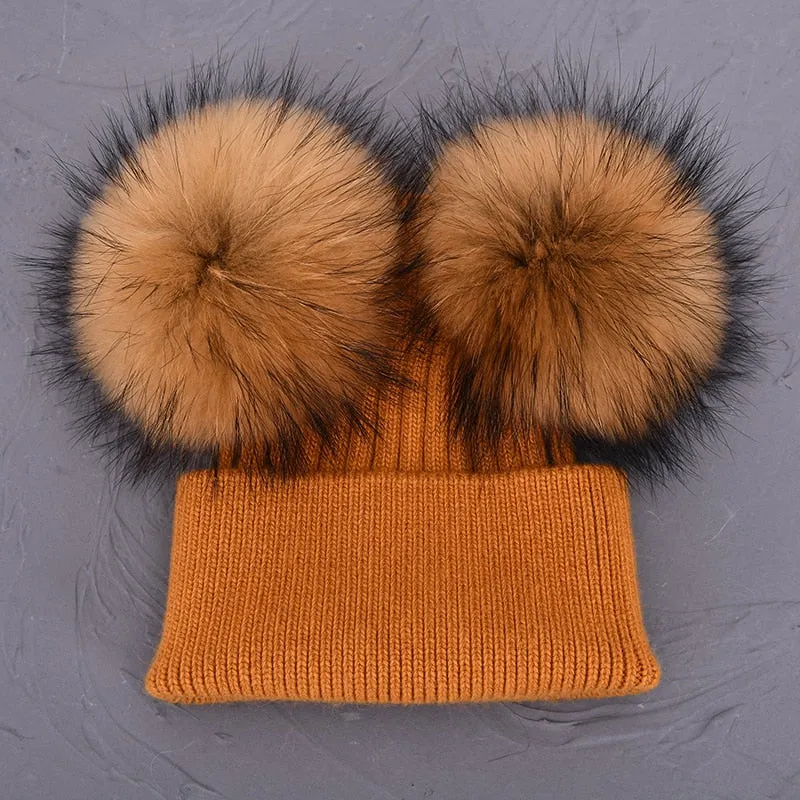 Women's Winter Wool Double Removable Raccoon Fur Ball Pom Knitted Beanie