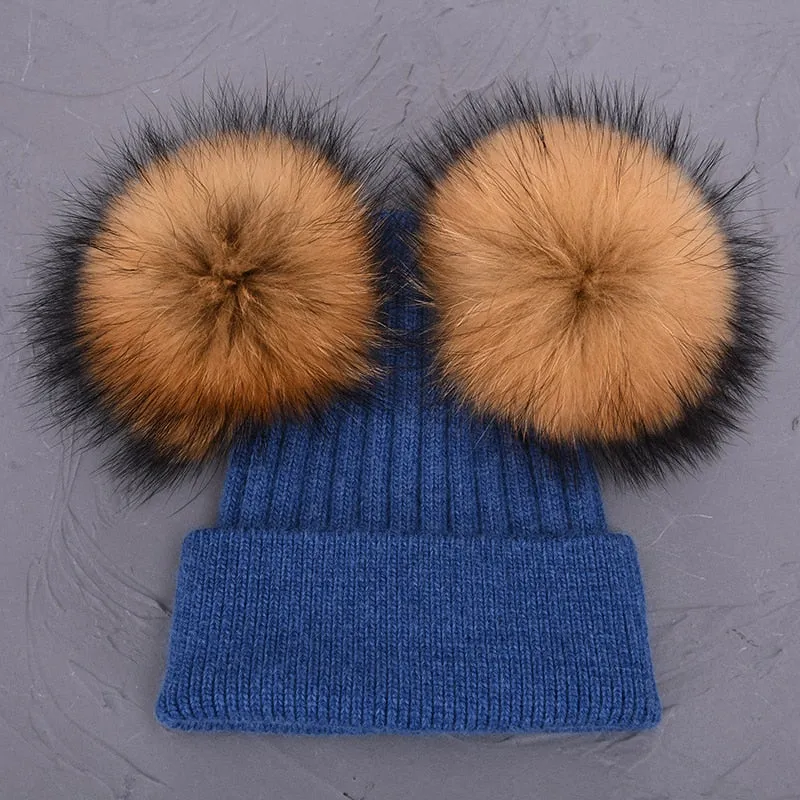 Women's Winter Wool Double Removable Raccoon Fur Ball Pom Knitted Beanie