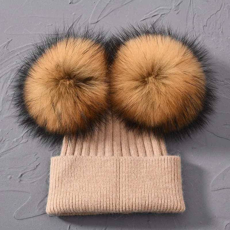 Women's Winter Wool Double Removable Raccoon Fur Ball Pom Knitted Beanie