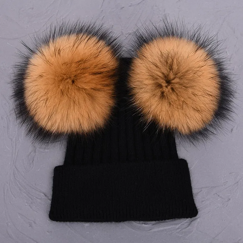 Women's Winter Wool Double Removable Raccoon Fur Ball Pom Knitted Beanie