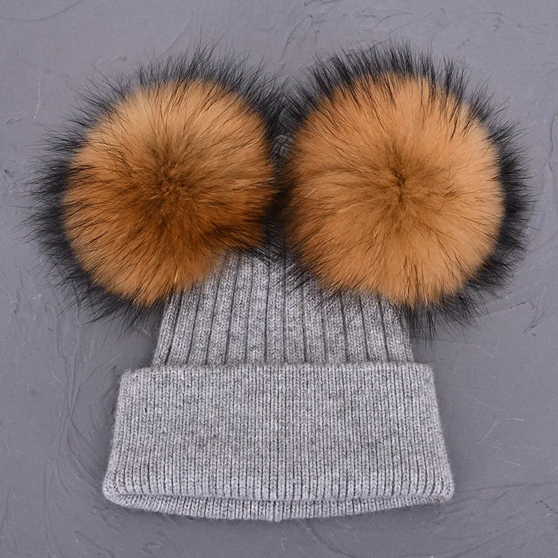 Women's Winter Wool Double Removable Raccoon Fur Ball Pom Knitted Beanie