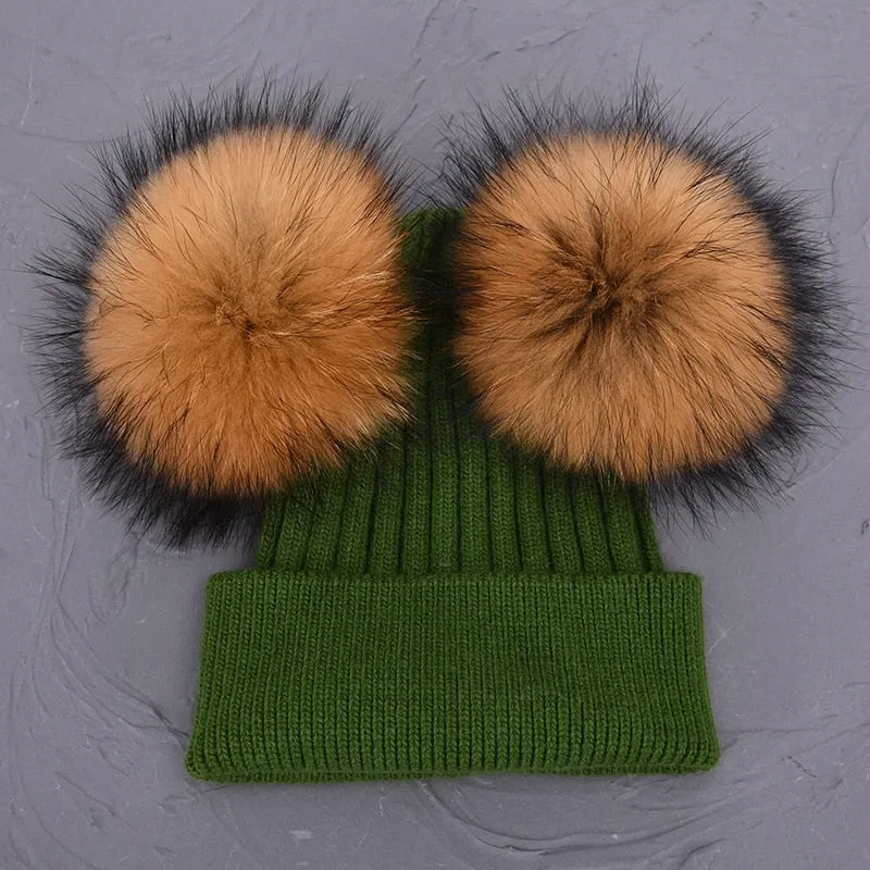 Women's Winter Wool Double Removable Raccoon Fur Ball Pom Knitted Beanie