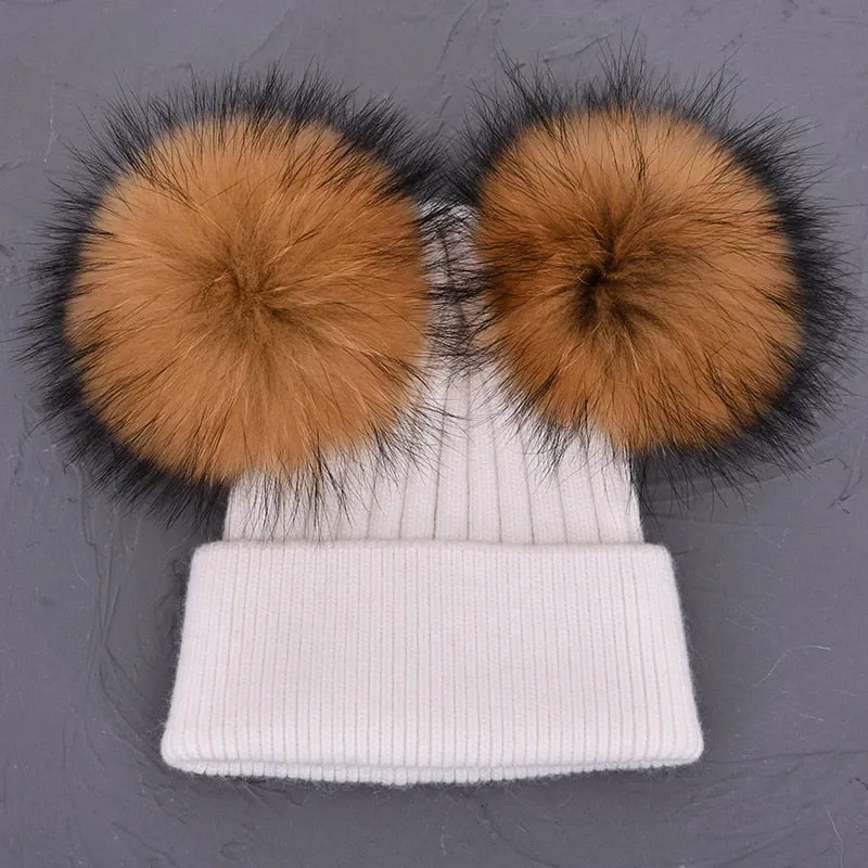 Women's Winter Wool Double Removable Raccoon Fur Ball Pom Knitted Beanie