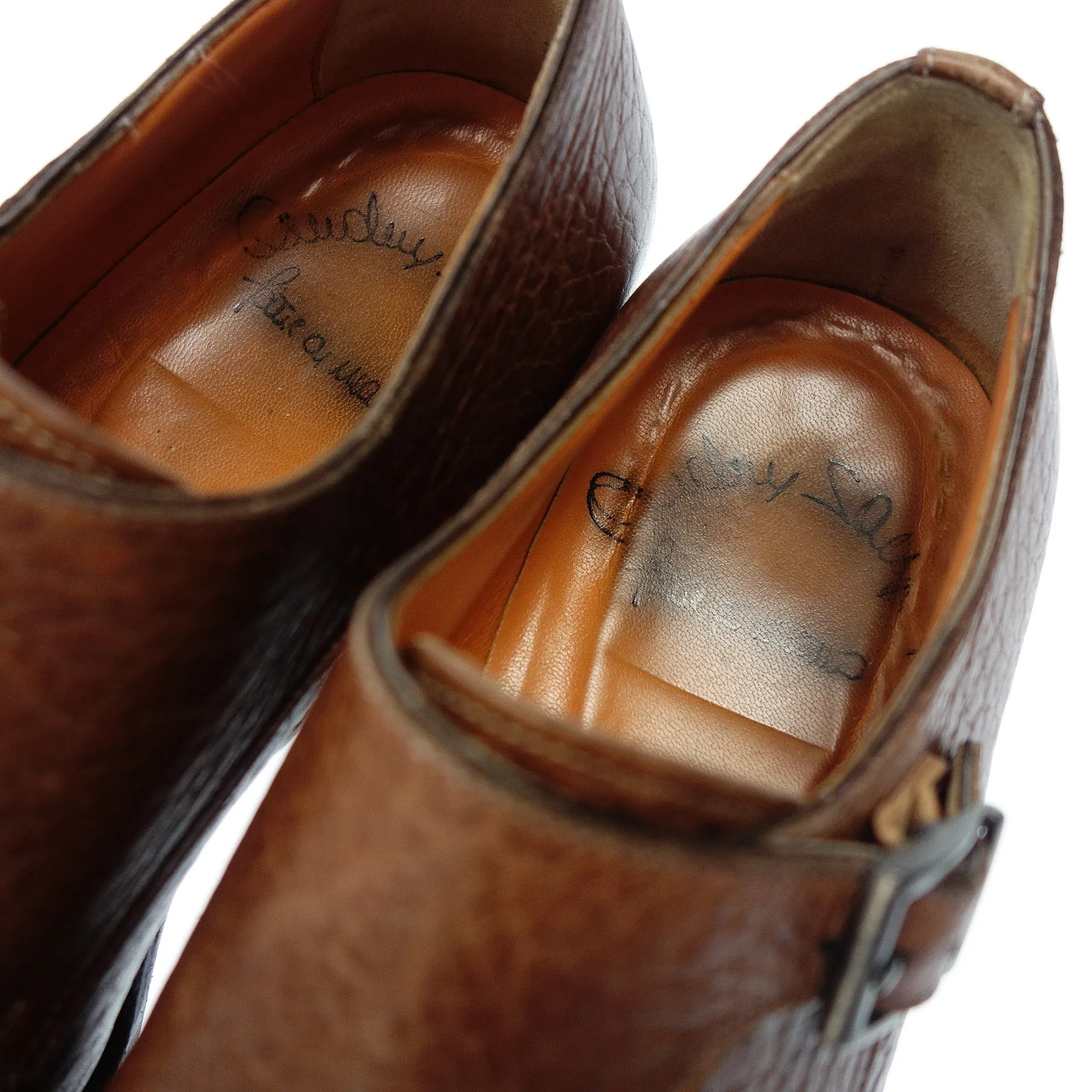 サントーニ ストレートチップ ダブルモンクストラップ シボ革 7749 メンズ 5 茶 santoni【AFC53】【中古】